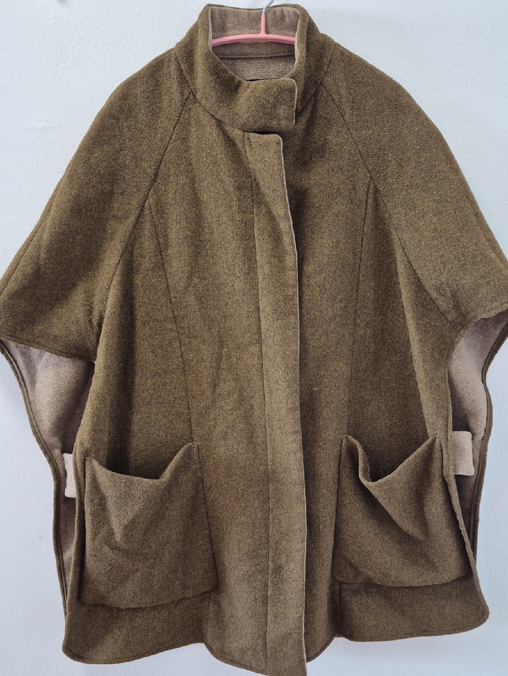 Zara Olive Wool Cape Coat with Front Pockets
